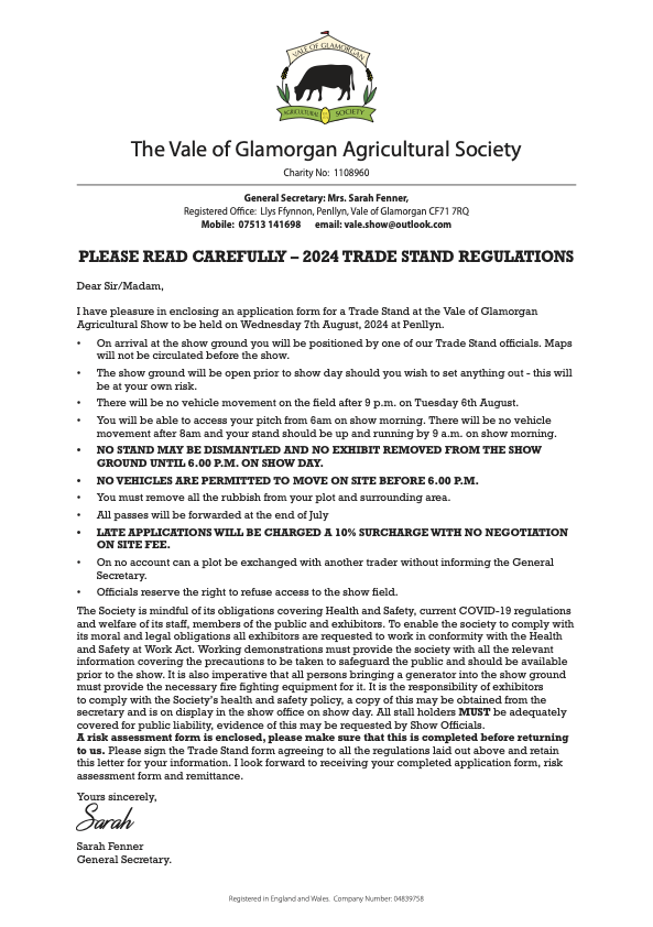 Vale Show trade stand regulations The Vale of Show
